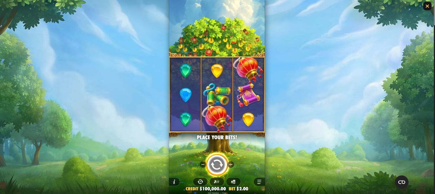 Cenário temático do Prosperity Fortune Tree com a árvore da fortuna dourada e elementos orientais